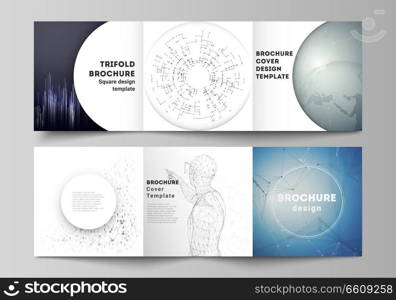 The minimal vector editable layout of square format covers design templates for trifold brochure, flyer, magazine. Technology, science, future concept abstract futuristic backgrounds. The minimal vector editable layout of square format covers design templates for trifold brochure, flyer, magazine. Technology, science, future concept abstract futuristic backgrounds.