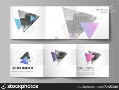 The minimal vector editable layout of square format covers design templates for trifold brochure, flyer, magazine. Colorful polygonal background with triangles, modern memphis pattern. The minimal vector editable layout of square format covers design templates for trifold brochure, flyer, magazine. Colorful polygonal background with triangles, modern memphis pattern.