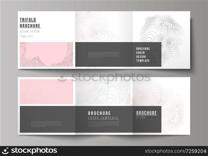 The minimal vector editable layout of square format covers design templates for trifold brochure, flyer, magazine. Topographic contour map, abstract monochrome background. The minimal vector editable layout of square format covers design templates for trifold brochure, flyer, magazine. Topographic contour map, abstract monochrome background.