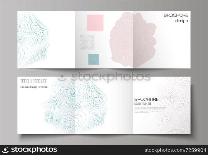 The minimal vector editable layout of square format covers design templates for trifold brochure, flyer, magazine. Topographic contour map, abstract monochrome background. The minimal vector editable layout of square format covers design templates for trifold brochure, flyer, magazine. Topographic contour map, abstract monochrome background.