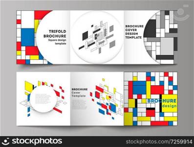 The minimal vector editable layout of square format covers design templates for trifold brochure, flyer, magazine. Abstract polygonal background, colorful mosaic pattern, retro bauhaus de stijl design.. The minimal vector editable layout of square format covers design templates for trifold brochure, flyer, magazine. Abstract polygonal background, colorful mosaic pattern, retro bauhaus de stijl design