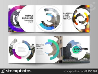 The minimal vector editable layout of square format covers design templates for trifold brochure, flyer, magazine. Futuristic design circular pattern, circle elements forming geometric frame for photo.. The minimal vector editable layout of square format covers design templates for trifold brochure, flyer, magazine. Futuristic design circular pattern, circle elements forming geometric frame for photo