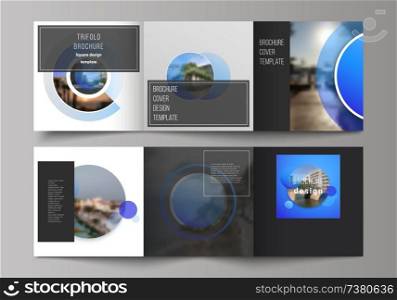 The minimal vector editable layout of square format covers design templates for trifold brochure, flyer, magazine. Creative modern blue background with circles and round shapes. The minimal vector editable layout of square format covers design templates for trifold brochure, flyer, magazine. Creative modern blue background with circles and round shapes.