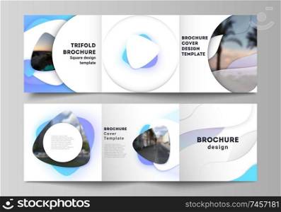 The minimal vector editable layout of square format covers design templates for trifold brochure, flyer, magazine. Blue color gradient abstract dynamic shapes, colorful geometric template design. The minimal vector editable layout of square format covers design templates for trifold brochure, flyer, magazine. Blue color gradient abstract dynamic shapes, colorful geometric template design.