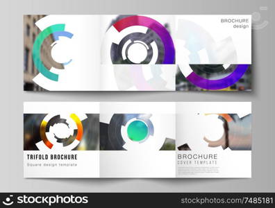 The minimal vector editable layout of square format covers design templates for trifold brochure, flyer, magazine. Futuristic design circular pattern, circle elements forming geometric frame for photo.. The minimal vector editable layout of square format covers design templates for trifold brochure, flyer, magazine. Futuristic design circular pattern, circle elements forming geometric frame for photo