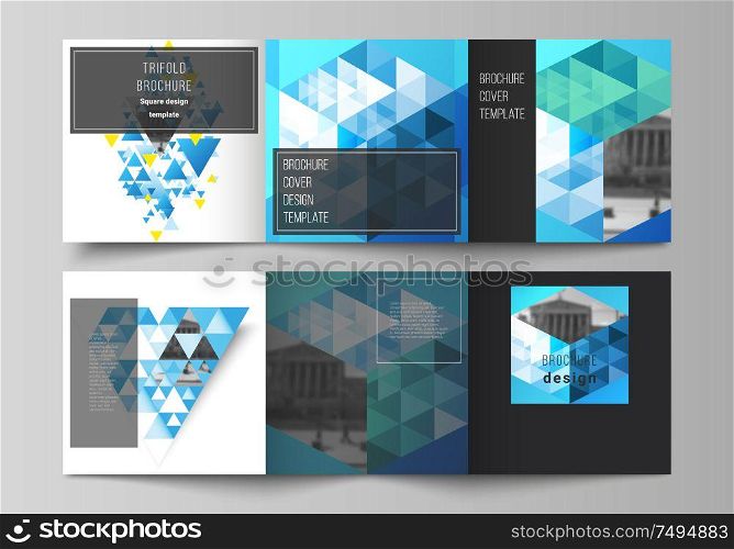 The minimal vector editable layout of square format covers design templates for trifold brochure, flyer, magazine. Blue color polygonal background with triangles, colorful mosaic pattern. The minimal vector editable layout of square format covers design templates for trifold brochure, flyer, magazine. Blue color polygonal background with triangles, colorful mosaic pattern.
