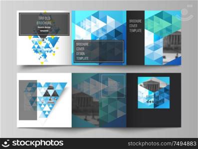 The minimal vector editable layout of square format covers design templates for trifold brochure, flyer, magazine. Blue color polygonal background with triangles, colorful mosaic pattern. The minimal vector editable layout of square format covers design templates for trifold brochure, flyer, magazine. Blue color polygonal background with triangles, colorful mosaic pattern.