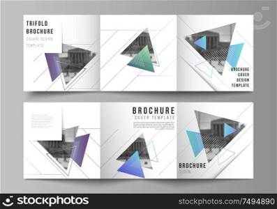 The minimal vector editable layout of square format covers design templates for trifold brochure, flyer, magazine. Colorful polygonal background with triangles, modern memphis pattern. The minimal vector editable layout of square format covers design templates for trifold brochure, flyer, magazine. Colorful polygonal background with triangles, modern memphis pattern.