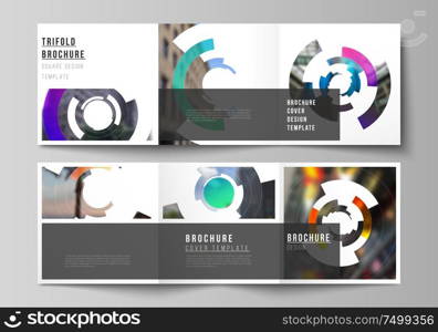 The minimal vector editable layout of square format covers design templates for trifold brochure, flyer, magazine. Futuristic design circular pattern, circle elements forming geometric frame for photo.. The minimal vector editable layout of square format covers design templates for trifold brochure, flyer, magazine. Futuristic design circular pattern, circle elements forming geometric frame for photo