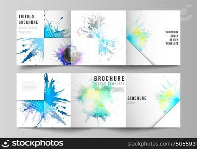 The minimal vector editable layout of square format covers design templates for trifold brochure, flyer, magazine. Colorful watercolor paint stains vector backgrounds. The minimal vector editable layout of square format covers design templates for trifold brochure, flyer, magazine. Colorful watercolor paint stains vector backgrounds.