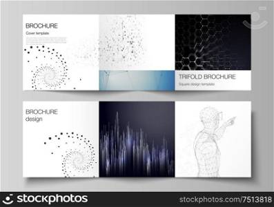 The minimal vector editable layout of square format covers design templates for trifold brochure, flyer, magazine. Technology, science, future concept abstract futuristic backgrounds. The minimal vector editable layout of square format covers design templates for trifold brochure, flyer, magazine. Technology, science, future concept abstract futuristic backgrounds.