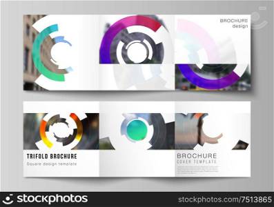 The minimal vector editable layout of square format covers design templates for trifold brochure, flyer, magazine. Futuristic design circular pattern, circle elements forming geometric frame for photo.. The minimal vector editable layout of square format covers design templates for trifold brochure, flyer, magazine. Futuristic design circular pattern, circle elements forming geometric frame for photo
