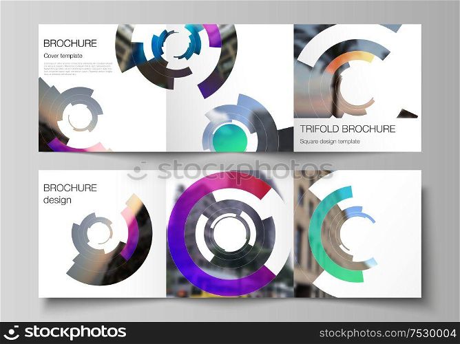 The minimal vector editable layout of square format covers design templates for trifold brochure, flyer, magazine. Futuristic design circular pattern, circle elements forming geometric frame for photo.. The minimal vector editable layout of square format covers design templates for trifold brochure, flyer, magazine. Futuristic design circular pattern, circle elements forming geometric frame for photo