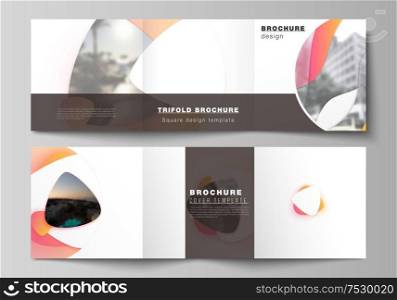The minimal vector editable layout of square format covers design templates for trifold brochure, flyer, magazine. Yellow color gradient abstract dynamic shapes, colorful geometric template design. The minimal vector editable layout of square format covers design templates for trifold brochure, flyer, magazine. Yellow color gradient abstract dynamic shapes, colorful geometric template design.