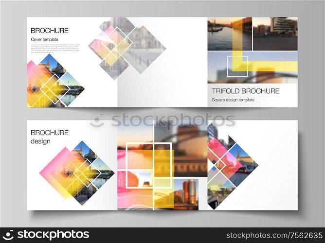 The minimal vector editable layout of square format covers design templates for trifold brochure, flyer, magazine. Creative trendy style mockups, blue color trendy design backgrounds. The minimal vector editable layout of square format covers design templates for trifold brochure, flyer, magazine. Creative trendy style mockups, blue color trendy design backgrounds.