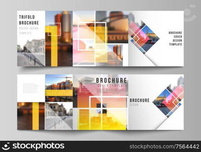 The minimal vector editable layout of square format covers design templates for trifold brochure, flyer, magazine. Creative trendy style mockups, blue color trendy design backgrounds. The minimal vector editable layout of square format covers design templates for trifold brochure, flyer, magazine. Creative trendy style mockups, blue color trendy design backgrounds.