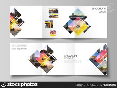 The minimal vector editable layout of square format covers design templates for trifold brochure, flyer, magazine. Creative trendy style mockups, blue color trendy design backgrounds. The minimal vector editable layout of square format covers design templates for trifold brochure, flyer, magazine. Creative trendy style mockups, blue color trendy design backgrounds.