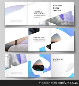The minimal vector editable layout of square format covers design templates for trifold brochure, flyer, magazine. Blue color gradient abstract dynamic shapes, colorful geometric template design. The minimal vector editable layout of square format covers design templates for trifold brochure, flyer, magazine. Blue color gradient abstract dynamic shapes, colorful geometric template design.