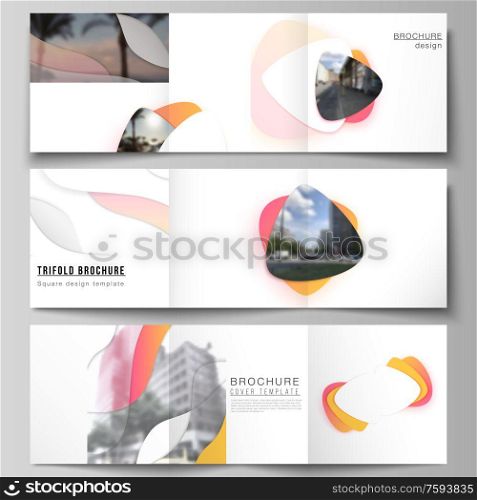 The minimal vector editable layout of square format covers design templates for trifold brochure, flyer, magazine. Yellow color gradient abstract dynamic shapes, colorful geometric template design. The minimal vector editable layout of square format covers design templates for trifold brochure, flyer, magazine. Yellow color gradient abstract dynamic shapes, colorful geometric template design.