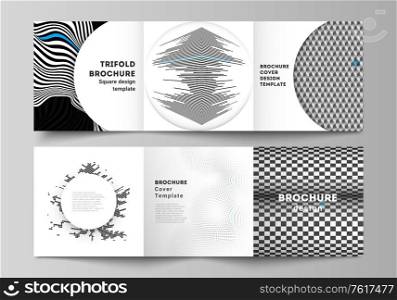 The minimal vector editable layout of square format covers design templates for trifold brochure, flyer, magazine. Abstract big data visualization concept backgrounds with lines and cubes. The minimal vector editable layout of square format covers design templates for trifold brochure, flyer, magazine. Abstract big data visualization concept backgrounds with lines and cubes.