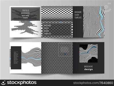 The minimal vector editable layout of square format covers design templates for trifold brochure, flyer, magazine. Abstract big data visualization concept backgrounds with lines and cubes. The minimal vector editable layout of square format covers design templates for trifold brochure, flyer, magazine. Abstract big data visualization concept backgrounds with lines and cubes.
