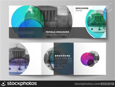 The minimal vector editable layout of two square format covers design templates for trifold square brochure, flyer, magazine. Creative modern bright background with colorful circles and round shapes. The minimal vector editable layout of two square format covers design templates for trifold square brochure, flyer, magazine. Creative modern bright background with colorful circles and round shapes.