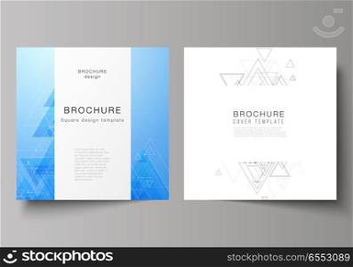 The minimal vector editable layout of two square format covers design templates for brochure, flyer, magazine. Polygonal background with triangles, connecting dots and lines. Connection structure. The minimal vector editable layout of two square format covers design templates for brochure, flyer, magazine. Polygonal background with triangles, connecting dots and lines. Connection structure.
