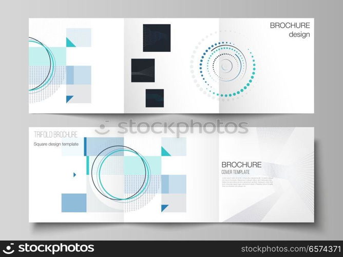 The minimal vector editable layout of two square format covers design templates with simple geometric background made from dots, circles, rectangles for trifold square brochure, flyer, magazine. The minimal vector editable layout of two square format covers design templates with simple geometric background made from dots, circles, rectangles for trifold square brochure, flyer, magazine.