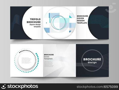 The minimal vector editable layout of two square format covers design templates with simple geometric background made from dots, circles, rectangles for trifold square brochure, flyer, magazine. The minimal vector editable layout of two square format covers design templates with simple geometric background made from dots, circles, rectangles for trifold square brochure, flyer, magazine.