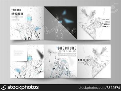 The minimal vector editable layout of two square format covers design templates for trifold square brochure, flyer, magazine. Man with glasses of virtual reality. Abstract vr, future technology concept.. The minimal vector editable layout of two square format covers design template for trifold square brochure, flyer, magazine. Man with glasses of virtual reality. Abstract vr, future technology concept