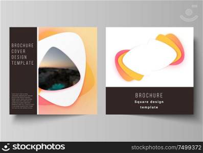 The minimal vector illustration layout of two square format covers design templates for brochure, flyer, magazine. Yellow color gradient abstract dynamic shapes, colorful geometric template design. The minimal vector illustration layout of two square format covers design templates for brochure, flyer, magazine. Yellow color gradient abstract dynamic shapes, colorful geometric template design.