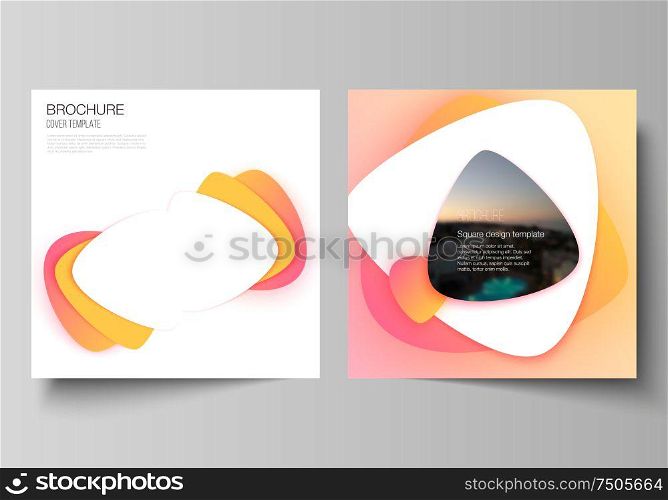 The minimal vector illustration layout of two square format covers design templates for brochure, flyer, magazine. Yellow color gradient abstract dynamic shapes, colorful geometric template design. The minimal vector illustration layout of two square format covers design templates for brochure, flyer, magazine. Yellow color gradient abstract dynamic shapes, colorful geometric template design.