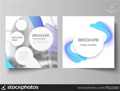 The minimal vector illustration layout of two square format covers design templates for brochure, flyer, magazine. Blue color gradient abstract dynamic shapes, colorful geometric template design. The minimal vector illustration layout of two square format covers design templates for brochure, flyer, magazine. Blue color gradient abstract dynamic shapes, colorful geometric template design.