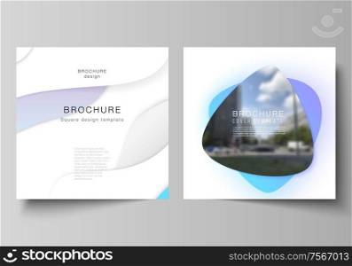 The minimal vector illustration layout of two square format covers design templates for brochure, flyer, magazine. Blue color gradient abstract dynamic shapes, colorful geometric template design. The minimal vector illustration layout of two square format covers design templates for brochure, flyer, magazine. Blue color gradient abstract dynamic shapes, colorful geometric template design.