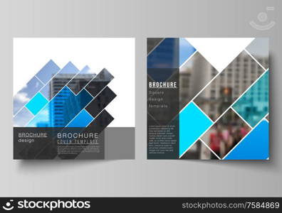 The minimal vector illustration layout of two square format covers design templates for brochure, flyer, magazine. Abstract geometric pattern creative modern blue background with rectangles. The minimal vector illustration layout of two square format covers design templates for brochure, flyer, magazine. Abstract geometric pattern creative modern blue background with rectangles.