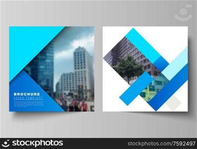 The minimal vector illustration layout of two square format covers design templates for brochure, flyer, magazine. Abstract geometric pattern creative modern blue background with rectangles. The minimal vector illustration layout of two square format covers design templates for brochure, flyer, magazine. Abstract geometric pattern creative modern blue background with rectangles.