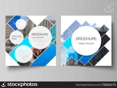 The minimal vector illustration layout of two square format covers design templates for brochure, flyer, magazine. Abstract geometric pattern creative modern blue background with rectangles. The minimal vector illustration layout of two square format covers design templates for brochure, flyer, magazine. Abstract geometric pattern creative modern blue background with rectangles.