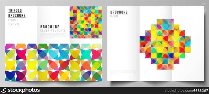 The minimal vector illustration layouts. Modern creative covers design templates for trifold brochure or flyer. Abstract background, geometric mosaic pattern with bright circles, geometric shapes. The minimal vector illustration layouts. Modern creative covers design templates for trifold brochure or flyer. Abstract background, geometric mosaic pattern with bright circles, geometric shapes.