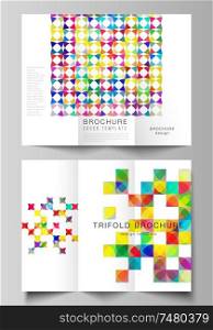 The minimal vector illustration layouts. Modern creative covers design templates for trifold brochure or flyer. Abstract background, geometric mosaic pattern with bright circles, geometric shapes. The minimal vector illustration layouts. Modern creative covers design templates for trifold brochure or flyer. Abstract background, geometric mosaic pattern with bright circles, geometric shapes.