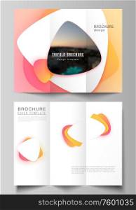 The minimal vector illustration layouts. Modern creative covers design templates for trifold brochure or flyer. Yellow color gradient abstract dynamic shapes, colorful geometric template design. The minimal vector illustration layouts. Modern creative covers design templates for trifold brochure or flyer. Yellow color gradient abstract dynamic shapes, colorful geometric template design.