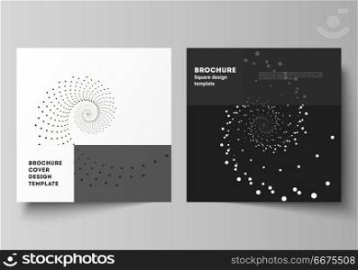 The minimal vector illustration of editable layout of two square format covers design templates for brochure, flyer, magazine. Geometric technology background. Abstract monochrome vortex trail.. The minimal vector illustration of editable layout of two square format covers design templates for brochure, flyer, magazine. Geometric technology background. Abstract monochrome vortex trail