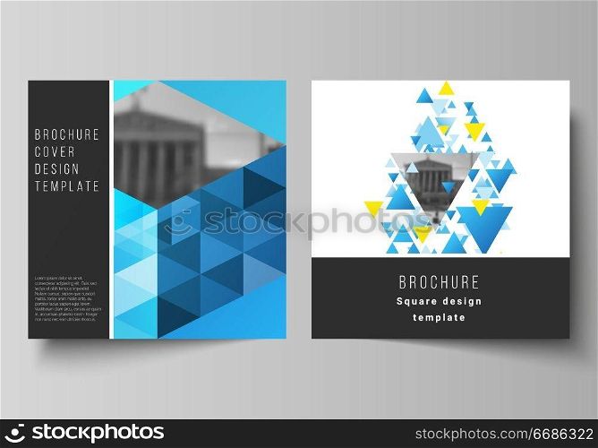 The minimal vector illustration of editable layout of two square format covers design templates for brochure, flyer, magazine. Blue color polygonal background with triangles, colorful mosaic pattern. The minimal vector illustration of editable layout of two square format covers design templates for brochure, flyer, magazine. Blue color polygonal background with triangles, colorful mosaic pattern.