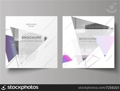 The minimal vector illustration of editable layout of two square format covers design templates for brochure, flyer, magazine. Colorful polygonal background with triangles with modern memphis pattern. The minimal vector illustration of editable layout of two square format covers design templates for brochure, flyer, magazine. Colorful polygonal background with triangles with modern memphis pattern.