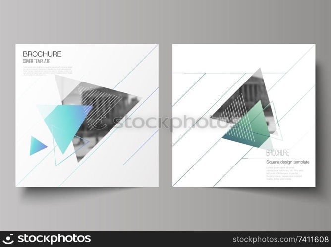 The minimal vector illustration of editable layout of two square format covers design templates for brochure, flyer, magazine. Colorful polygonal background with triangles with modern memphis pattern. The minimal vector illustration of editable layout of two square format covers design templates for brochure, flyer, magazine. Colorful polygonal background with triangles with modern memphis pattern.