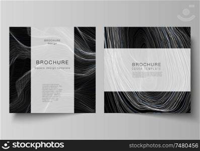 The minimal vector illustration of editable layout of two square format covers design templates for brochure, flyer, magazine. Smooth smoke wave, hi-tech concept black color techno background. The minimal vector illustration of editable layout of two square format covers design templates for brochure, flyer, magazine. Smooth smoke wave, hi-tech concept black color techno background.