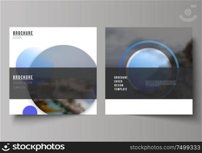 The minimal vector illustration of editable layout of two square format covers design templates for brochure, flyer, magazine. Creative modern blue background with circles and round shapes. The minimal vector illustration of editable layout of two square format covers design templates for brochure, flyer, magazine. Creative modern blue background with circles and round shapes.