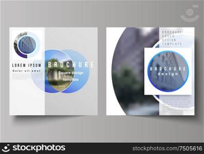The minimal vector illustration of editable layout of two square format covers design templates for brochure, flyer, magazine. Creative modern blue background with circles and round shapes. The minimal vector illustration of editable layout of two square format covers design templates for brochure, flyer, magazine. Creative modern blue background with circles and round shapes.