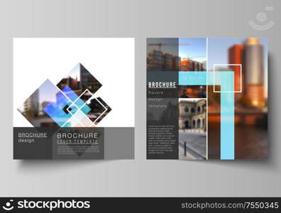 The minimal vector illustration of editable layout of two square format covers design templates for brochure, flyer, magazine. Creative trendy style mockups, blue color trendy design backgrounds. The minimal vector illustration of editable layout of two square format covers design templates for brochure, flyer, magazine. Creative trendy style mockups, blue color trendy design backgrounds.