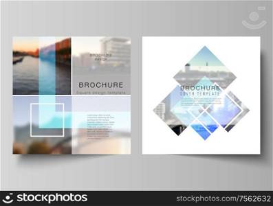 The minimal vector illustration of editable layout of two square format covers design templates for brochure, flyer, magazine. Creative trendy style mockups, blue color trendy design backgrounds. The minimal vector illustration of editable layout of two square format covers design templates for brochure, flyer, magazine. Creative trendy style mockups, blue color trendy design backgrounds.