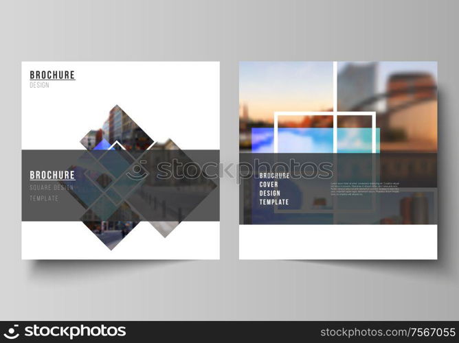 The minimal vector illustration of editable layout of two square format covers design templates for brochure, flyer, magazine. Creative trendy style mockups, blue color trendy design backgrounds. The minimal vector illustration of editable layout of two square format covers design templates for brochure, flyer, magazine. Creative trendy style mockups, blue color trendy design backgrounds.